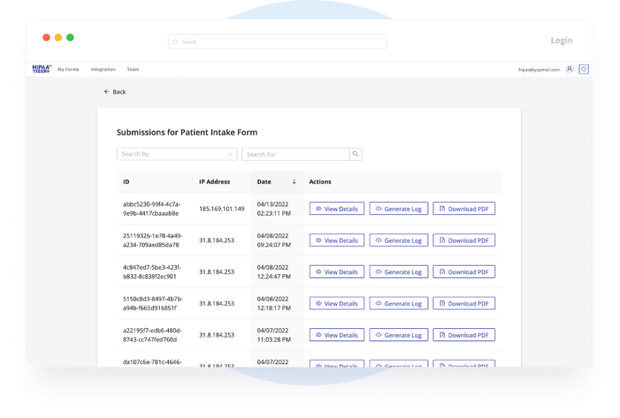 Patient's submissions in HIPAATIZER app