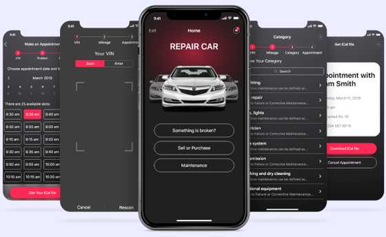 Mobile application UX design by Cappers for online service to buy, sell and repair cars with built-in appointment scheduler.